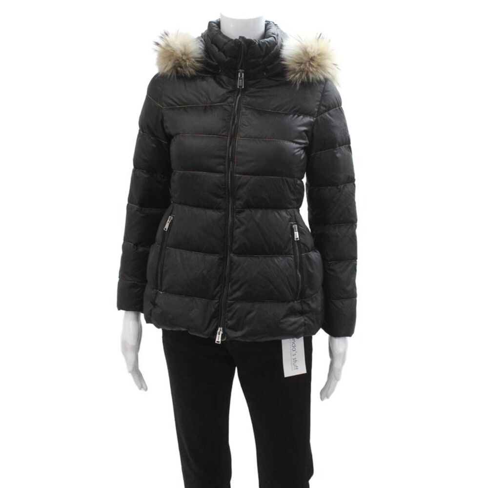 Add Girls Hood Long Sleeves Full Zip Puffer Coat Black Size XS